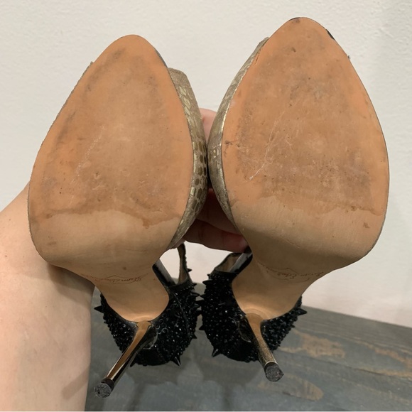 Sam Edelman Heels Women's Size 5.5 Scarlet T-Strap Open Toe Gold Blk Spiked Heel - Picture 6 of 14